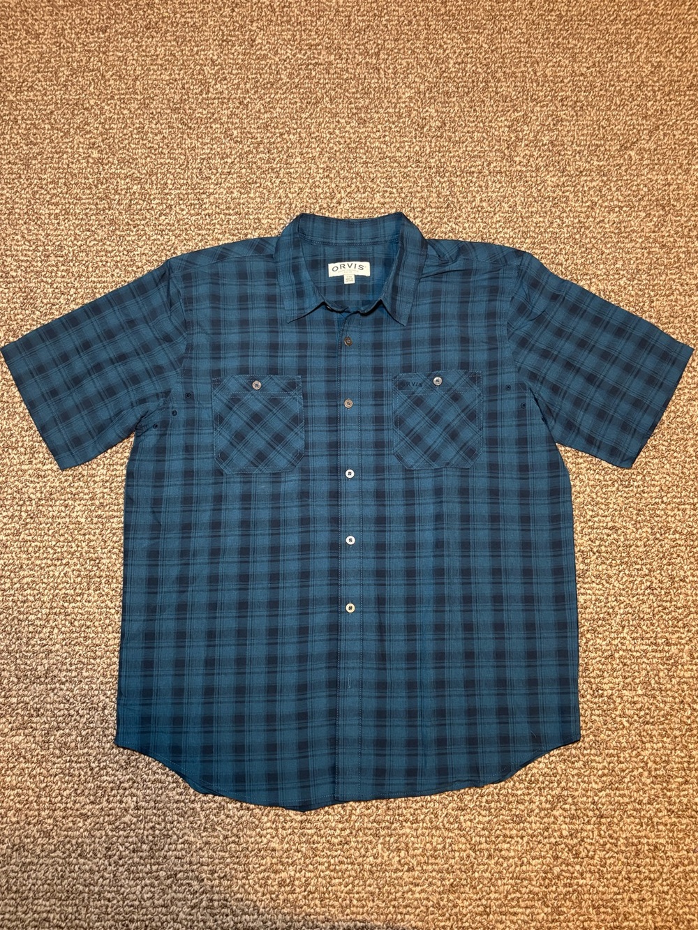 Orvis Teal and Navy Plaid Short-Sleeve Button-Down Shirt